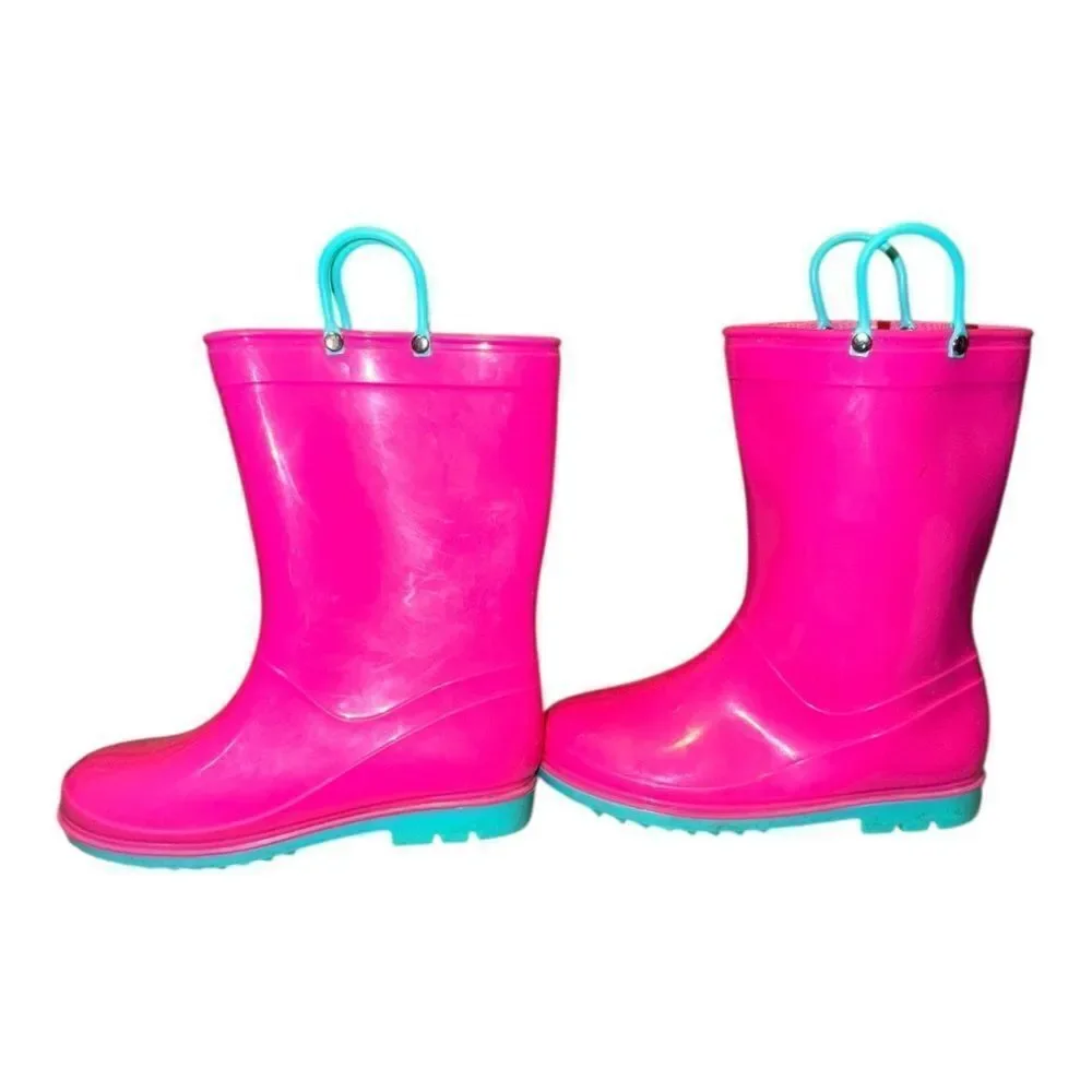 Girls Bright Pink & Blue Classic Rain Boots Pull On 1.5M EUC